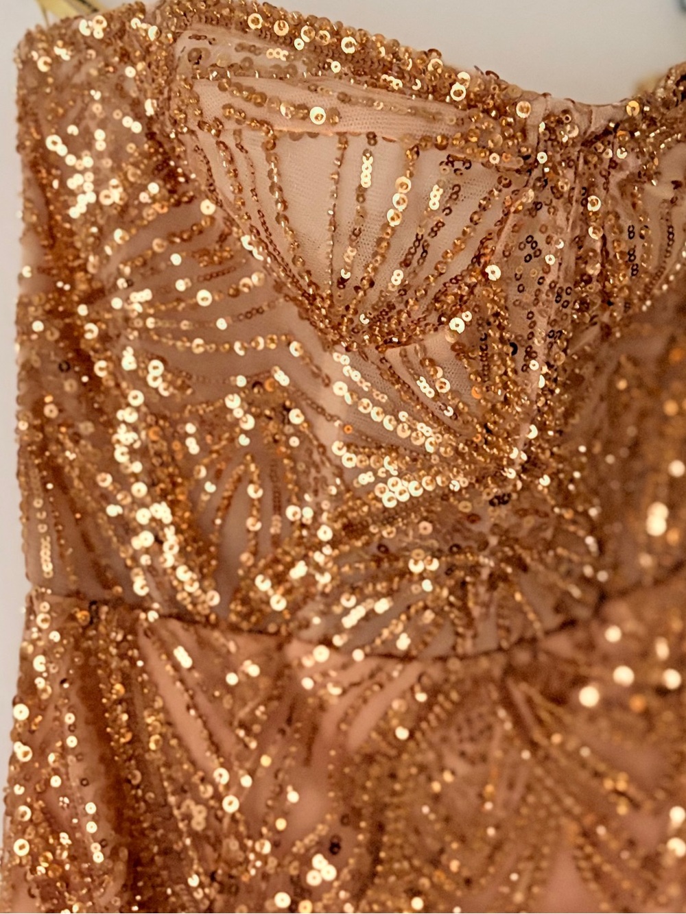 BRONX AND BANCO Giselle Strapless Sequin Midi Dress - Gold Party Cocktail Gown - Picture 12 of 16